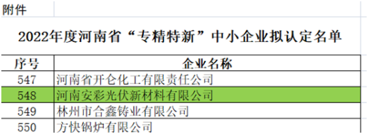 祝賀！光伏新材料通過河南省“專精特新”中小企業(yè)認(rèn)定